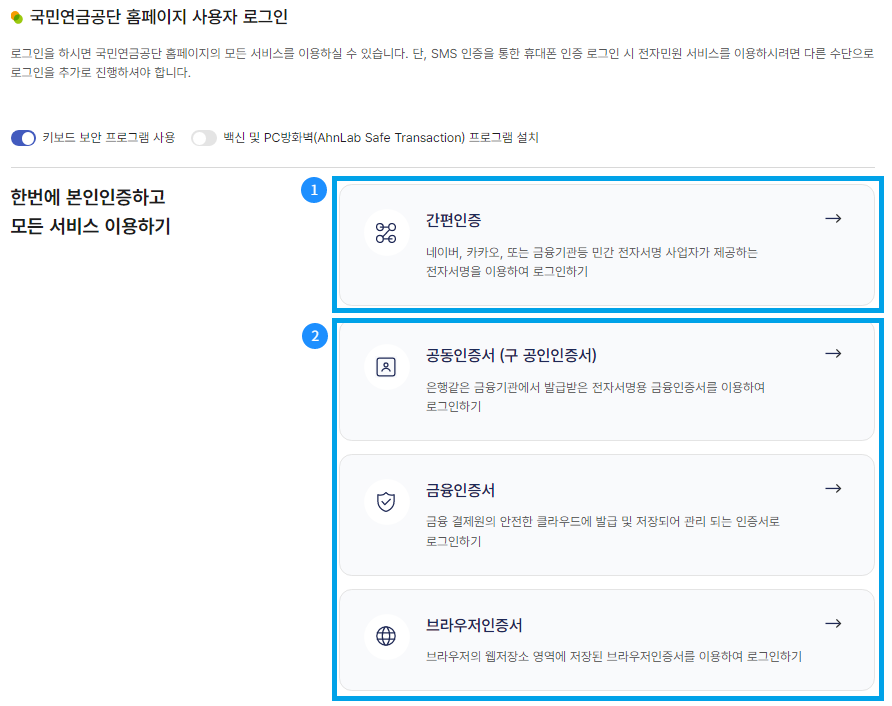 로그인화면 이미지-간편인증 : 네이버, 카카오, 또는 금융기관등 민간 전자서명 사업자가 제공하는 전자서명을 이용하여 로그인하기/ 공동인증서(구 공인인증서) : 은행같은 금융기관에서 발급받은 전자서명용 금융인증서를 이용하여 로그인하기/ 금융인증서 : 금융 결재원의 안전한 클라우드에 발급 및 저장되어 관리 되는 인증서로 로그인하기/ 브라우저인증서 : 브라우저의 웹저장소 영역에 저장된 브라우저인증서를 이용하여 로그인하기